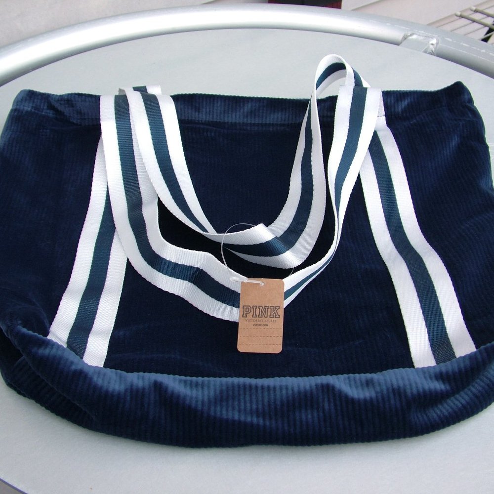PINK VICTORIA'S SECRET BLUE RIBBED VELOUR TOTE BAG CARRY ON ZIPPERED TOP NEW